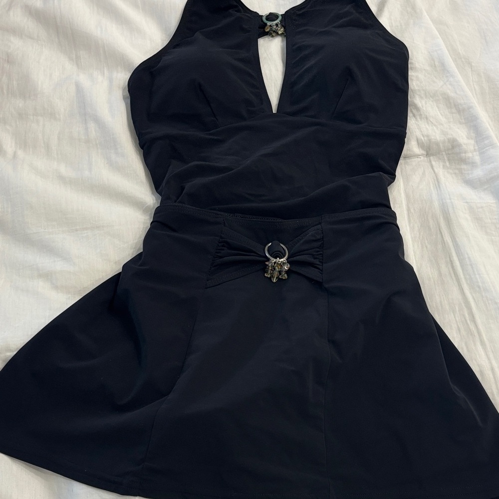 Pilpel Black Embellished Keyhole Halter Bathing Suit/Matching Cover Up Size 10